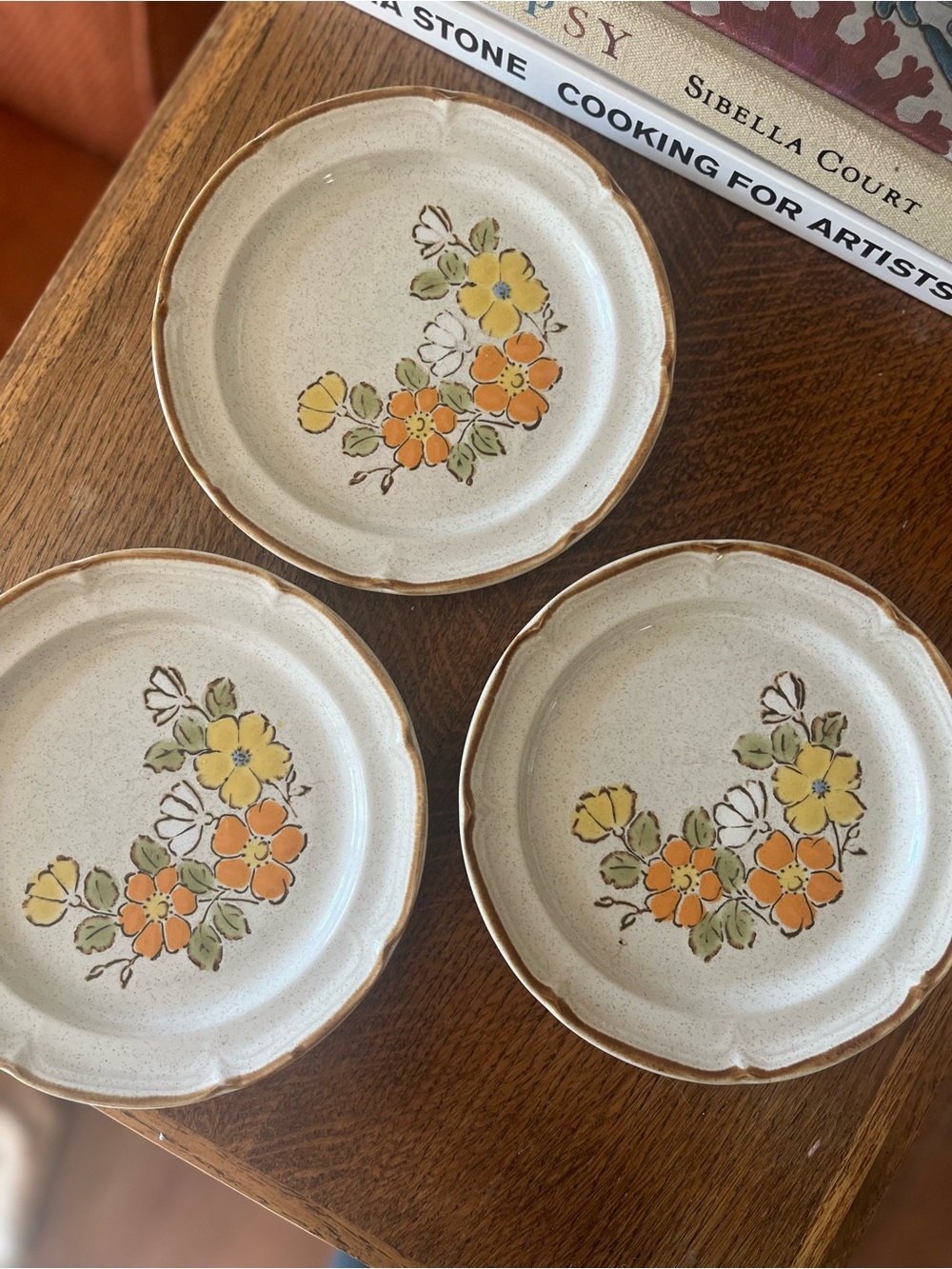 Vintage Japanese Hearthside Baroque Stoneware “Spring Garden” Salad Plates